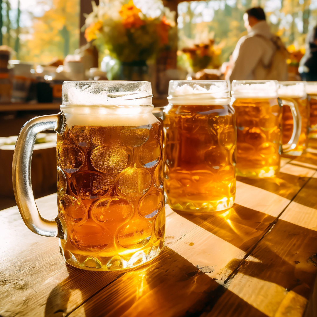 Une rangée de pintes de bière sur une table dans un pub.