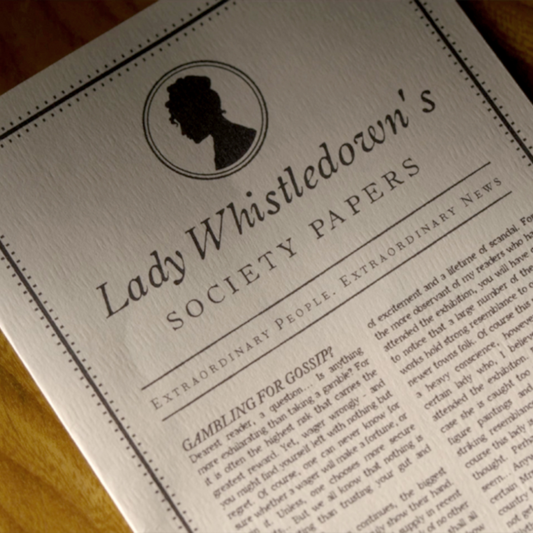 Pamphlet des potins de Lady Whistledow dans Bridgerton.