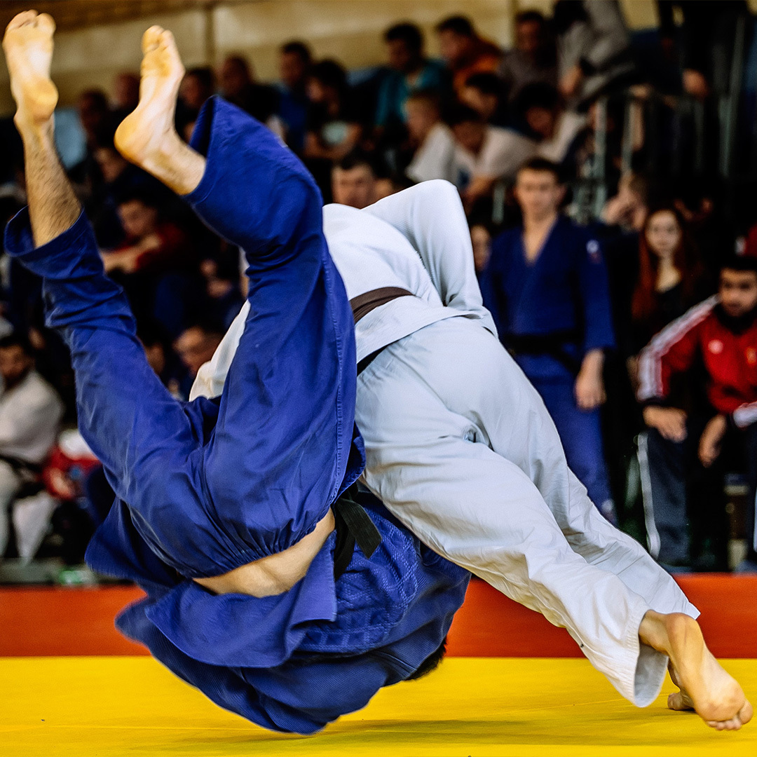 Deux combattants de judo en action.