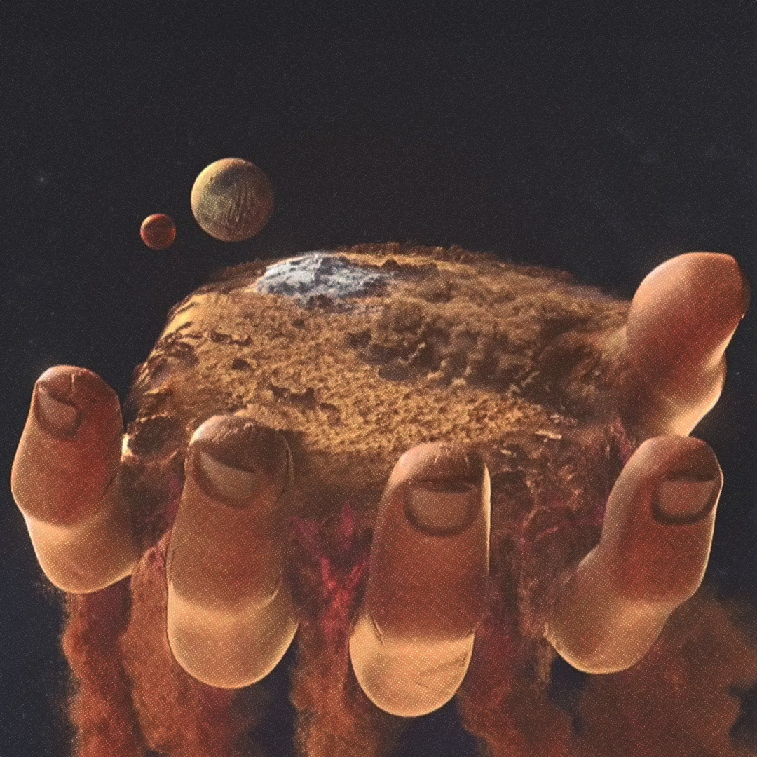 Une main avec du sable sur la paume sur fond d’une galaxie.