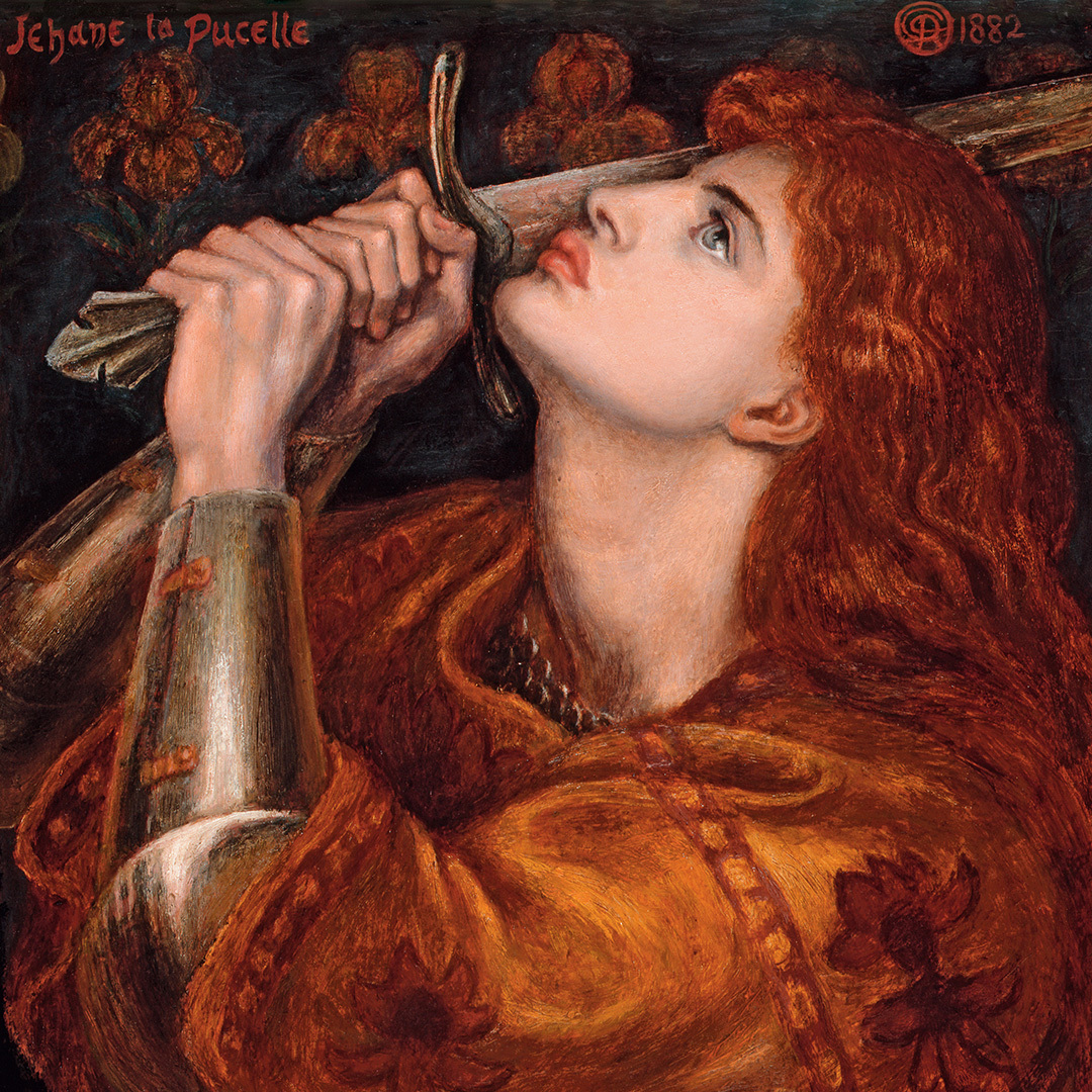 Peinture de Jeanne d'Arc brandissant son épée vers les cieux.