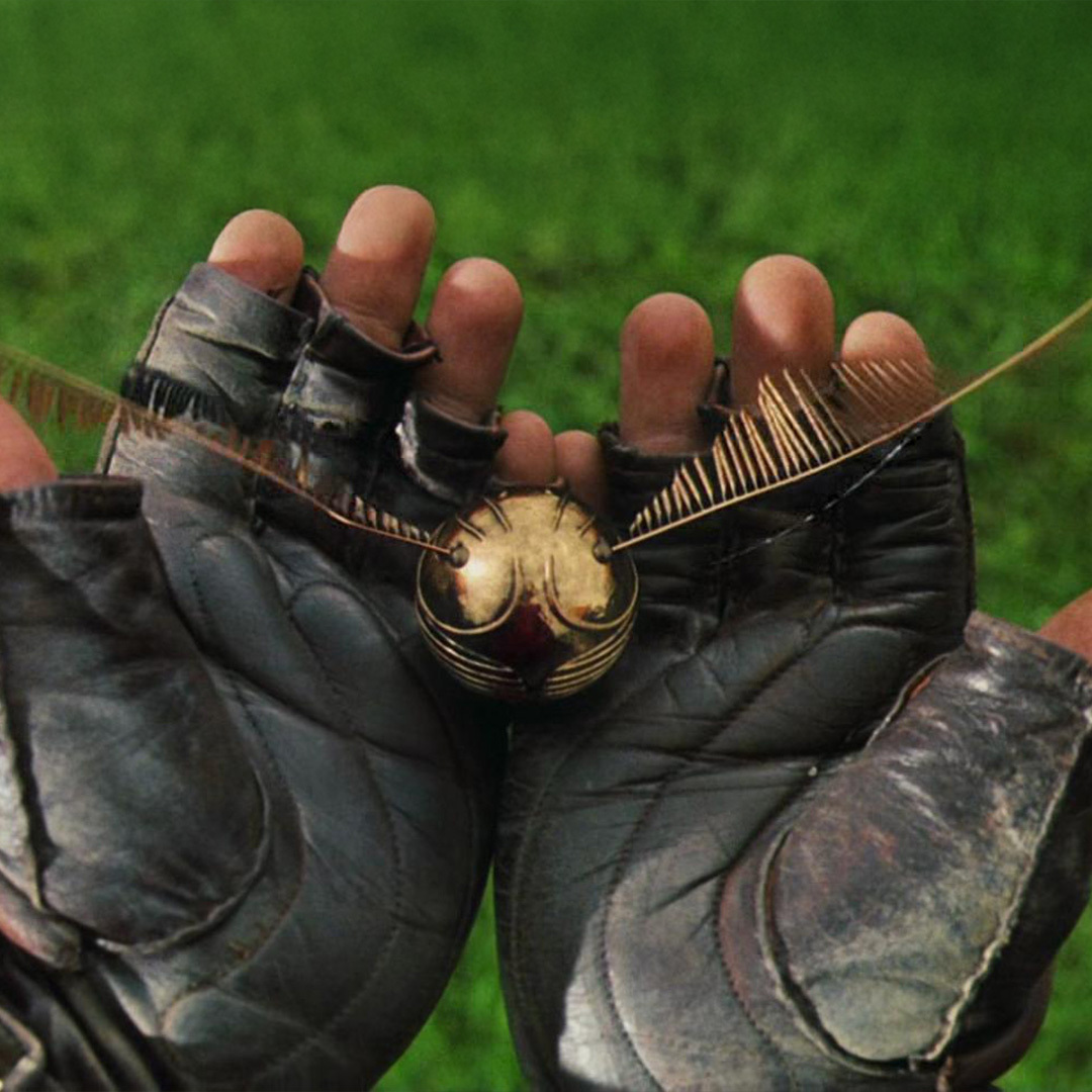 Le vif d'or en main lors d'un match de Quidditch.