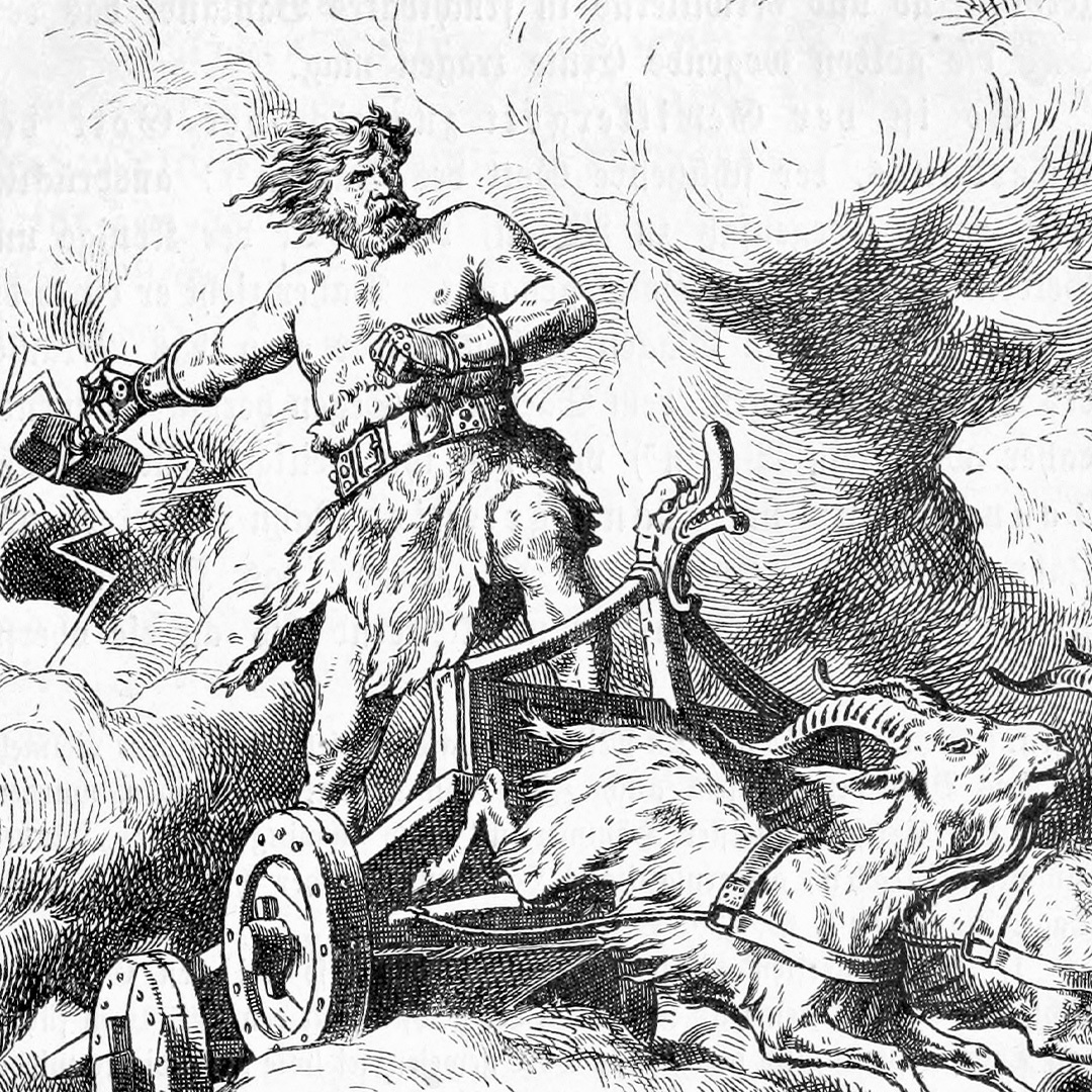 Thor et son marteau Mjolnir sur un wagon tiré par des chèvres.