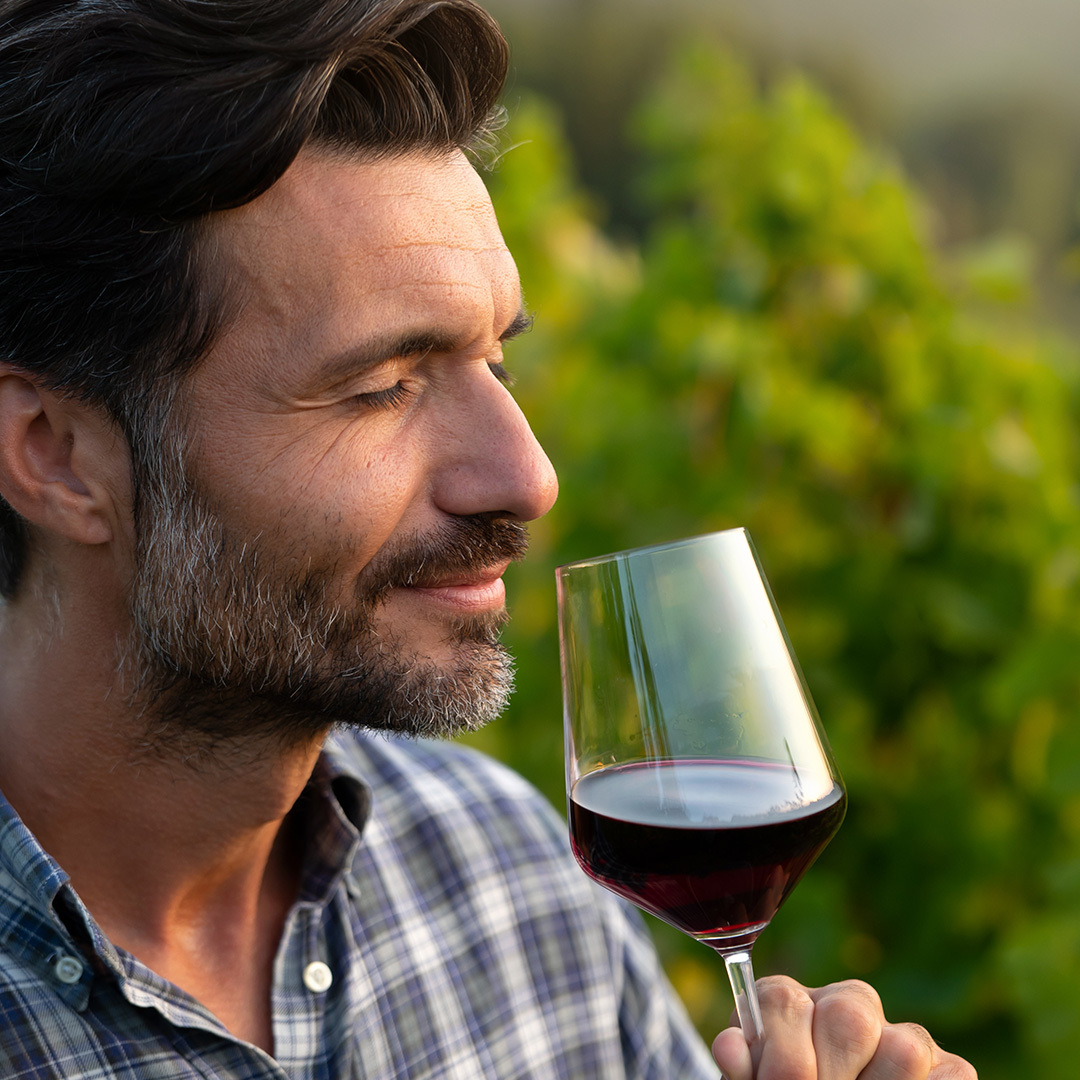 Closeup of man smelling a glass of red wine.