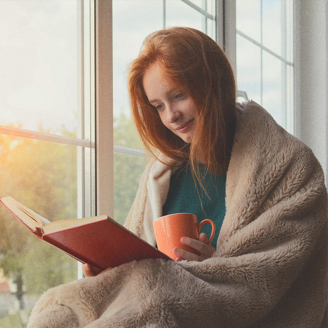 Fille souriante lisant un livre, une tasse de café à la main et enveloppée d’une grosse couverture.