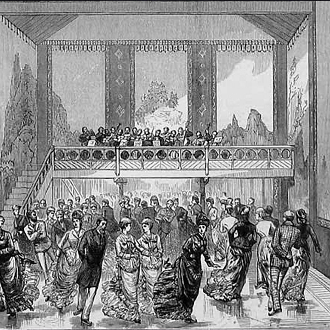 A black-and-white illustration of people skating at an indoor ice rink in the late 19th century.