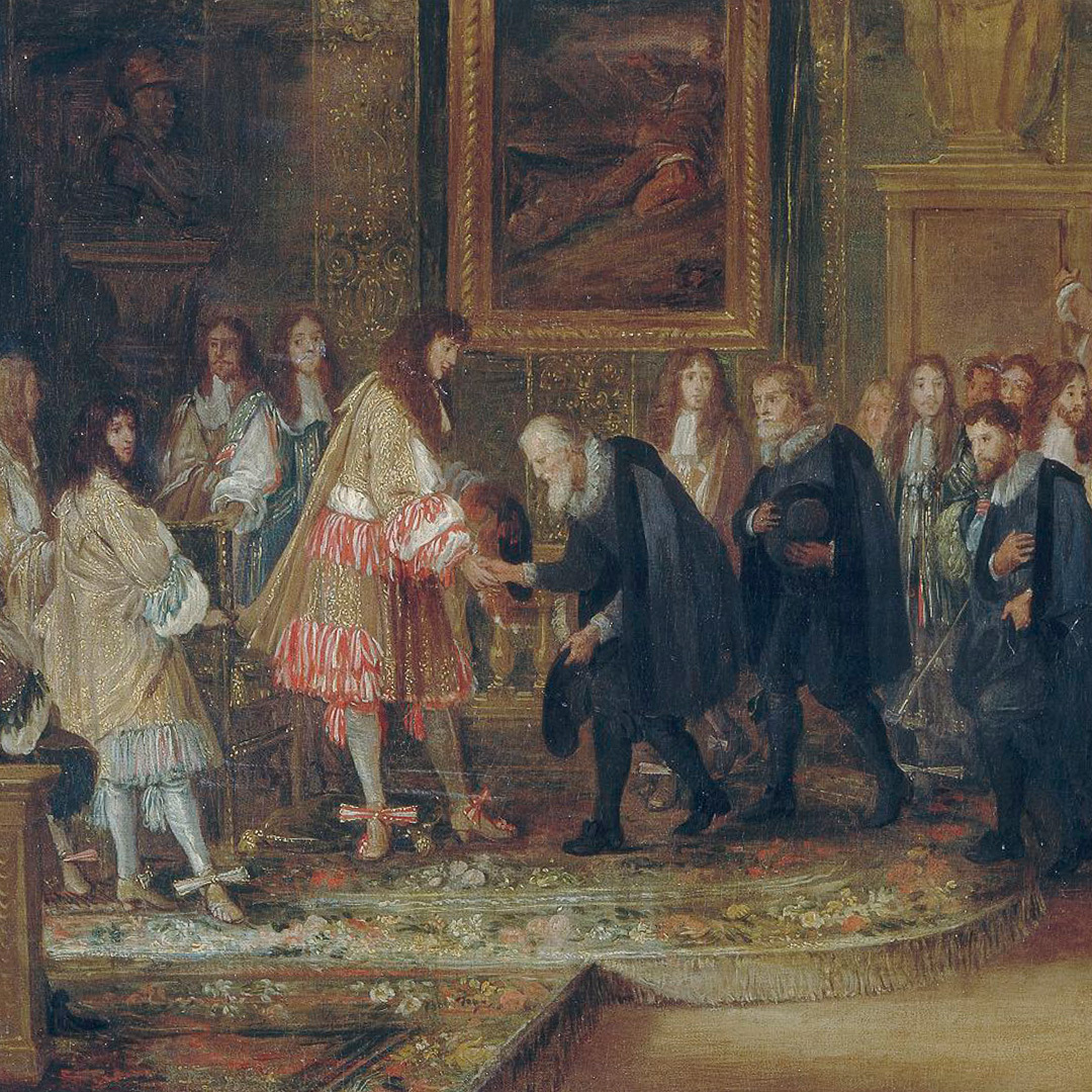 Peinture d'une scène au palais de Versailles mettant en vedette Louis XIV.