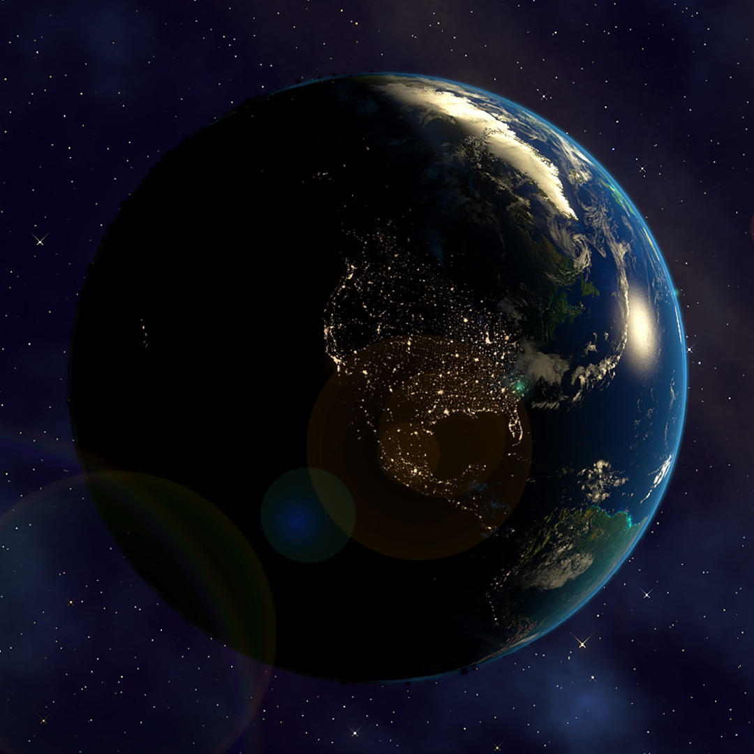 Une représentation artistique de la Terre, de la lune et du soleil.