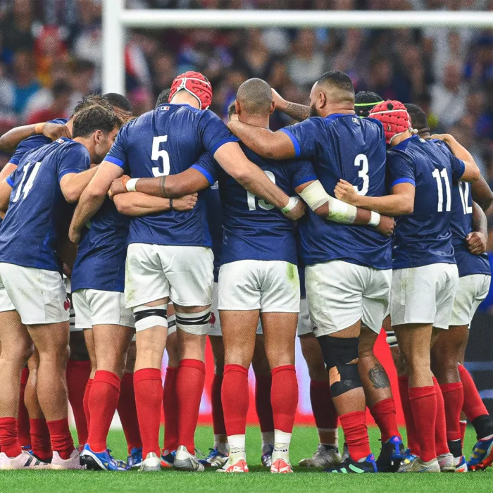 Joueurs d’équipe français en groupe lors du match de la XVe Coupe du Monde de Rugby en septembre 2023.