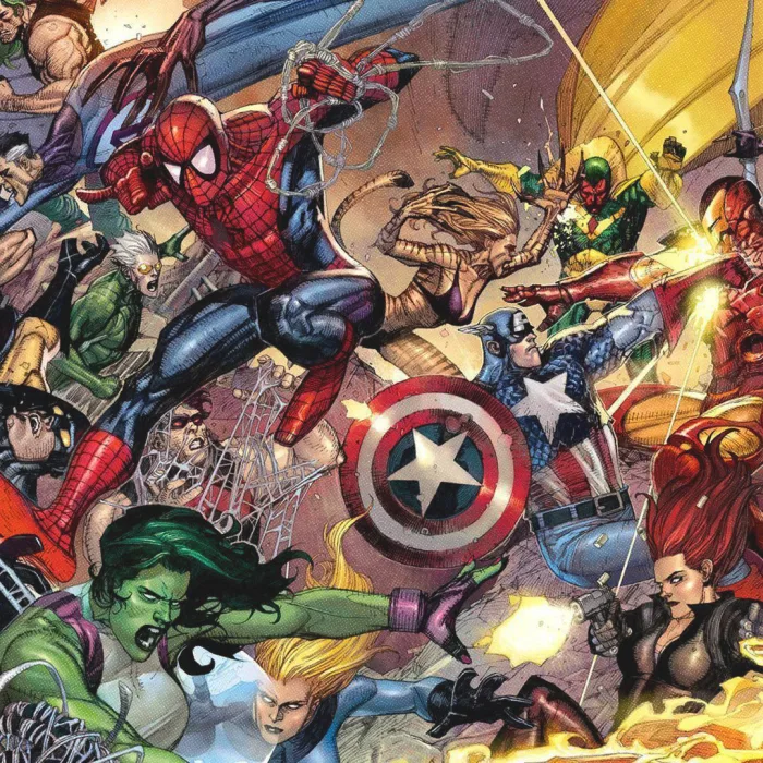 Superhéros Avengers en combat avec Iron Man, Spider-Man et Captain America.