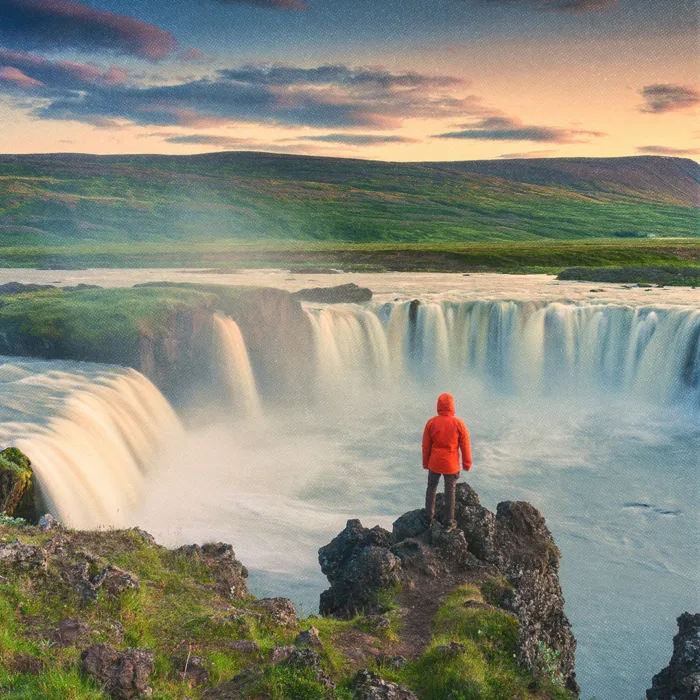 Homme debout à la falaise sur la rivière Skjalfandafljot en été dans le nord de l’Islande.