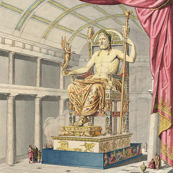 La statue chryséléphantine de Zeus à Olympie est l’œuvre du sculpteur grec Phidias.