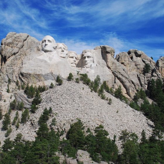U.S. presidents George Washington, Thomas Jefferson, Theodore Roosevelt and Dwight Eisenhower are depicted on Mount Rushmore.