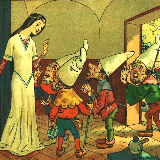In the Brothers Grimm tale Snow White, the 7 dwarfs are called Dopey, Sneezy, Bashful, Doc, Happy, Grumpy, and Sleepy.