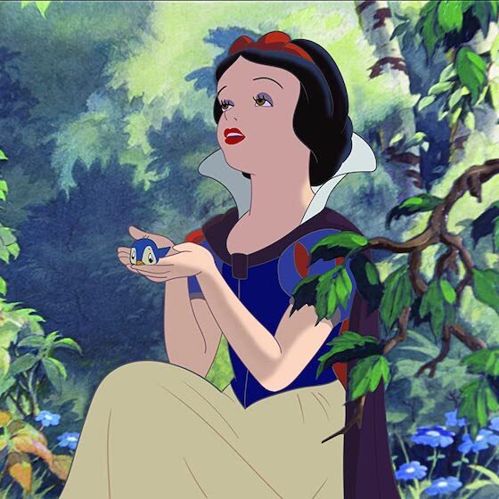 Snow White falls into eternal sleep after pricking her finger on a poisoned flower.