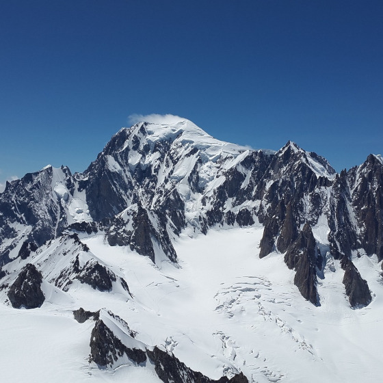 Mont Blanc is covered by 100 square kilometres (40 square miles) of glacier