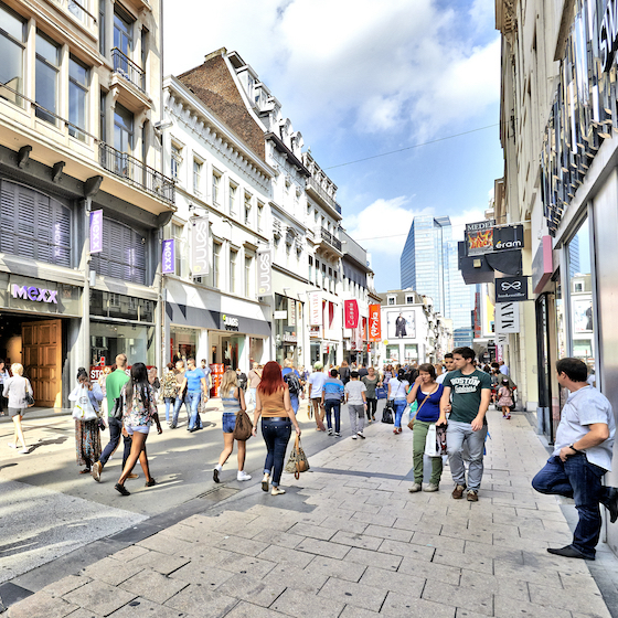 Rue Neuve, the busiest commercial artery in Belgium, is located between Place Rogier and Place de la Monnaie.