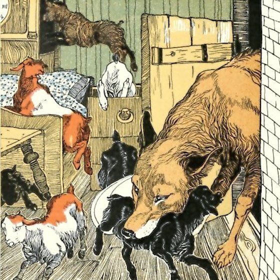 Dans Le Loup et les Sept Chevreaux des frères Grimm, seul le chevreau caché dans la pendule n’est pas mangé par le loup.