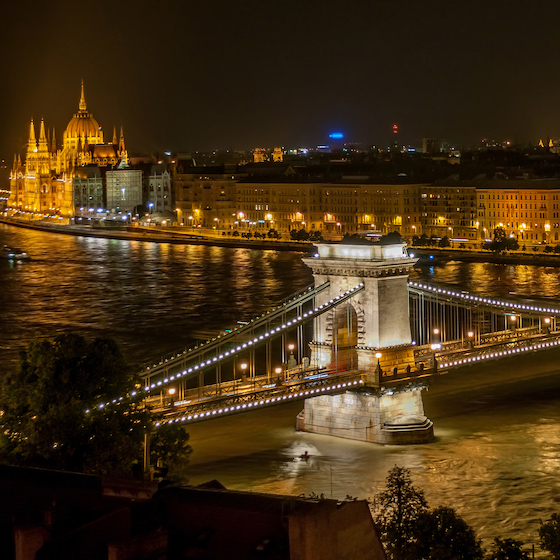 Stone angels guard each entry onto the Chain Bridge in Budapest.
