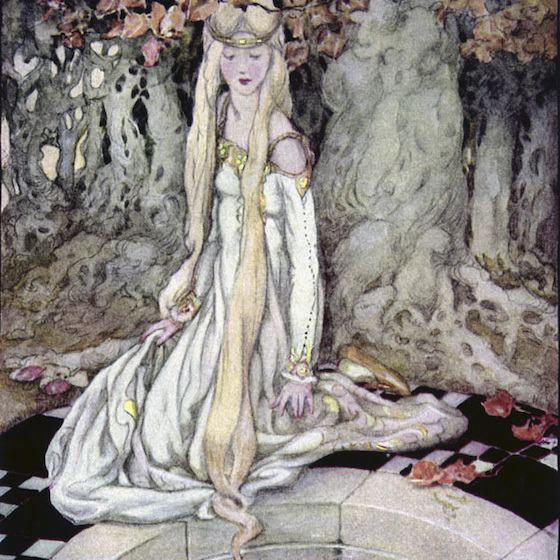 Dans Le Roi Grenouille ou Henri de Fer des frères Grimm, la princesse rencontre la grenouille après s’être perdue en forêt.