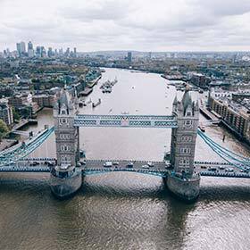 The Thames flows through London and out into the English Channel.