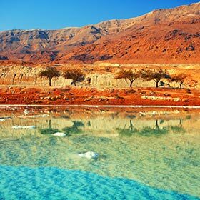 Swimmers float effortlessly in the Dead Sea.