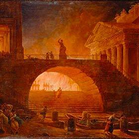 Opponents of Caesar set fire to Rome in 64 BC.
