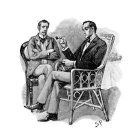 Sherlock Holmes meets Dr. Watson for the first time after injuring himself with his sword hidden in a cane.