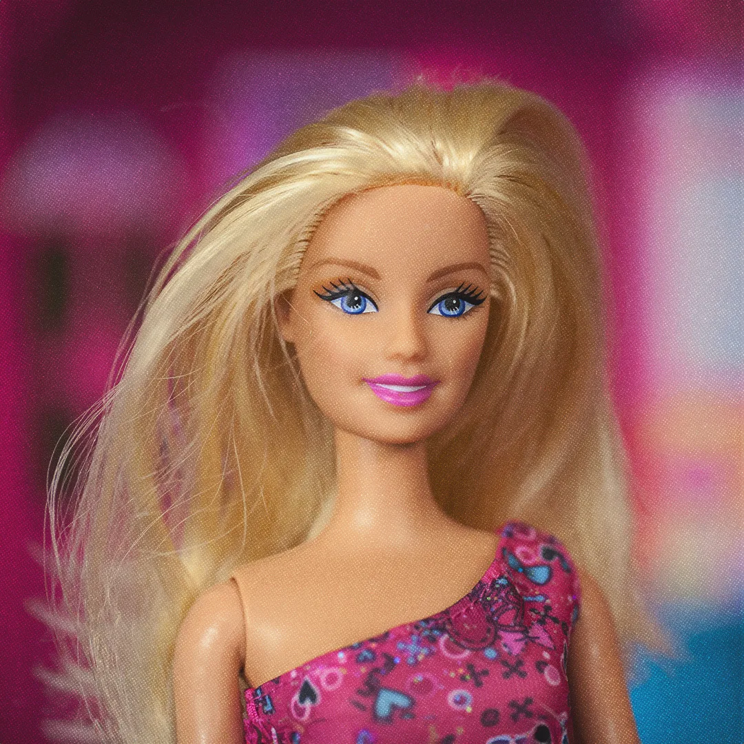 Barbie blonde, portant une robe rose.